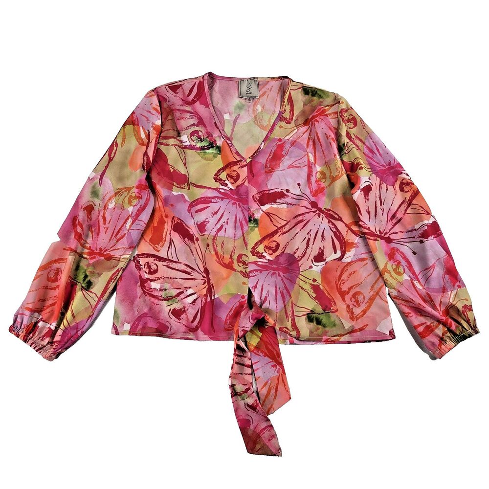 Sioni Watercolor Butterfly Longsleeve Top Tie Front L Art Tropical Resort Travel